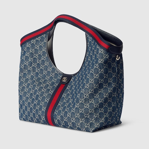 Borsa shopping GG Giglio misura grande in denim GG blu e bianco