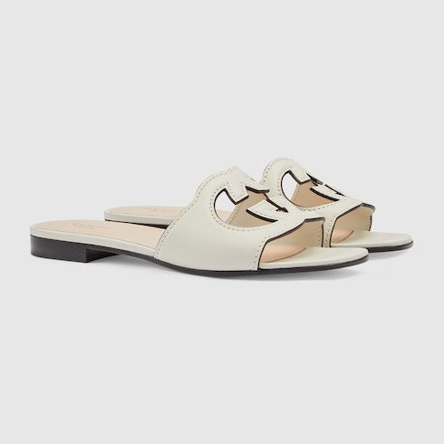 Sandalo slider donna con Incrocio GG in pelle bianca
