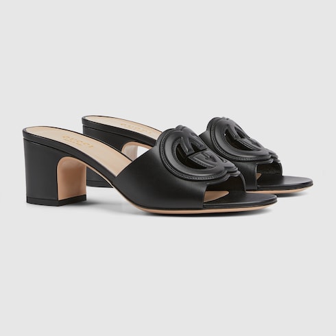 Sandalo slider donna con Incrocio GG in pelle nero