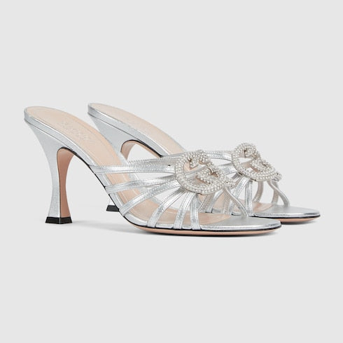Sandalo con tacco slider donna Incrocio GG con cristalli in pelle argento