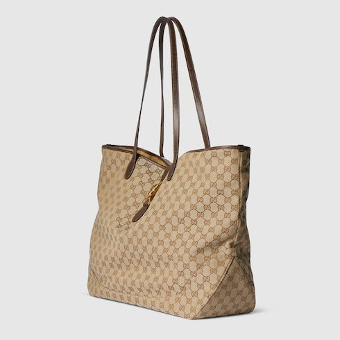 Borsa shopping GG Jackie misura grande in tessuto sabbia e marrone