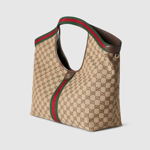 Borsa shopping GG Giglio misura piccola in tessuto GG beige e marrone