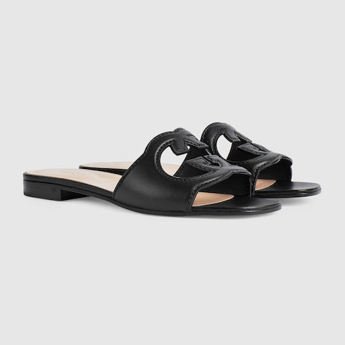Sandalo slider donna con Incrocio GG in pelle nera