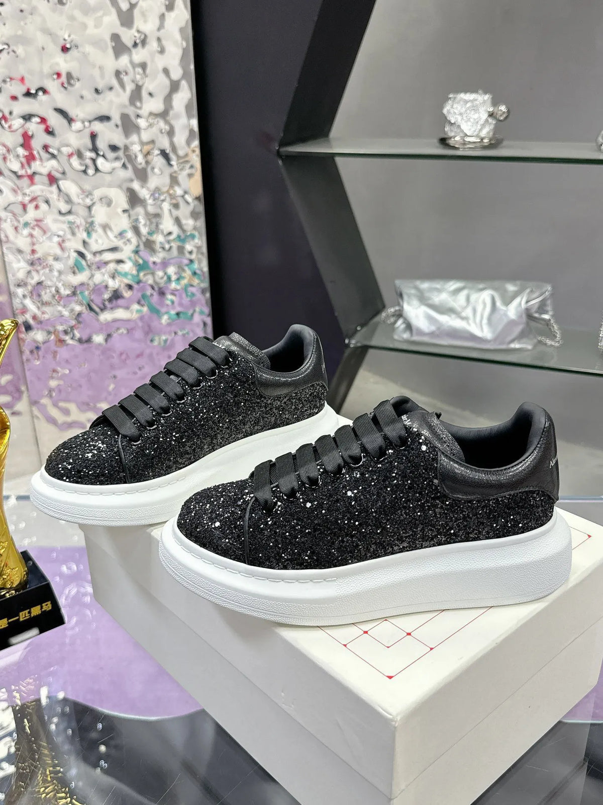 Alexander McQueen Black Glitter Oversized Sneakers