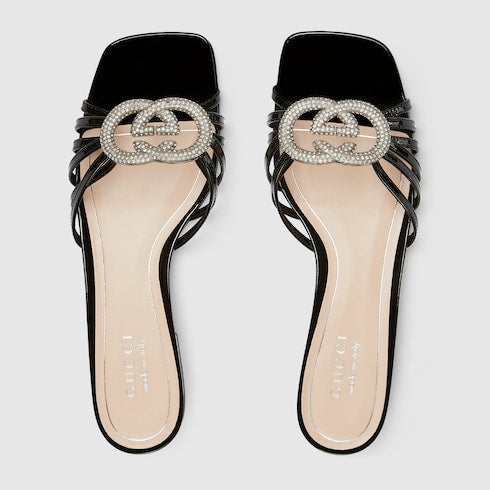 Sandalo slider donna con Incrocio GG con cristalli in pelle verniciata nera