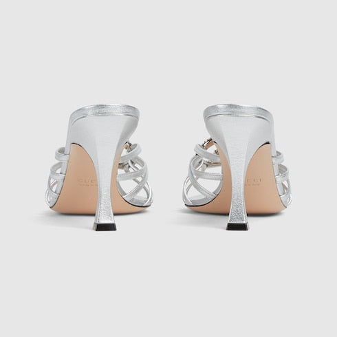 Sandalo con tacco slider donna Incrocio GG con cristalli in pelle argento
