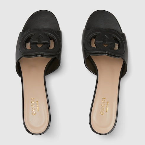 Sandalo slider donna con Incrocio GG in pelle nero