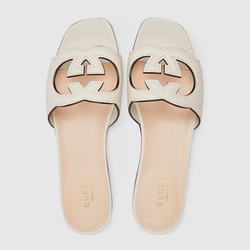 Sandalo slider donna con Incrocio GG in pelle bianca