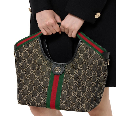Borsa shopping GG Giglio misura piccola in denim GG nero e bianco