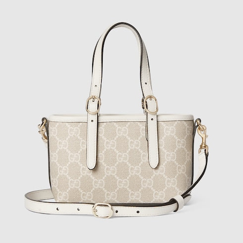 Mini borsa GG Emblem in tessuto beige e bianco
