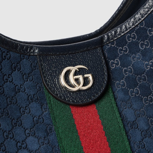 Borsa shopping GG Giglio misura piccola in pelle scamosciata blu scuro