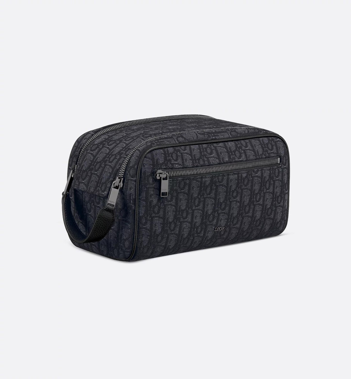Borsa da toilette Beige e nero Jacquard Oblique con pelle di vitello martellata nera