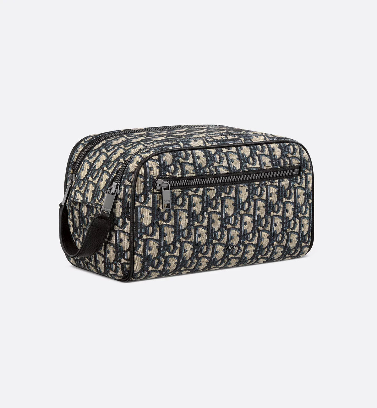 Borsa da toilette Beige e nero Jacquard Oblique con pelle di vitello martellata nera