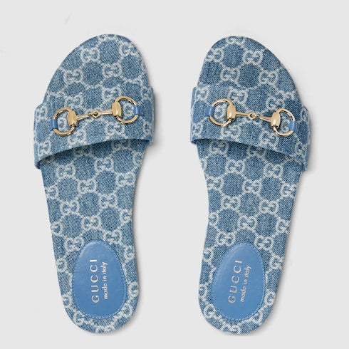 Sandalo slider donna con Morsetto in denim GG blu