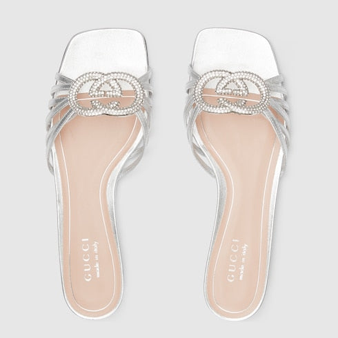 Sandalo slider donna con Incrocio GG con cristalli in pelle argento