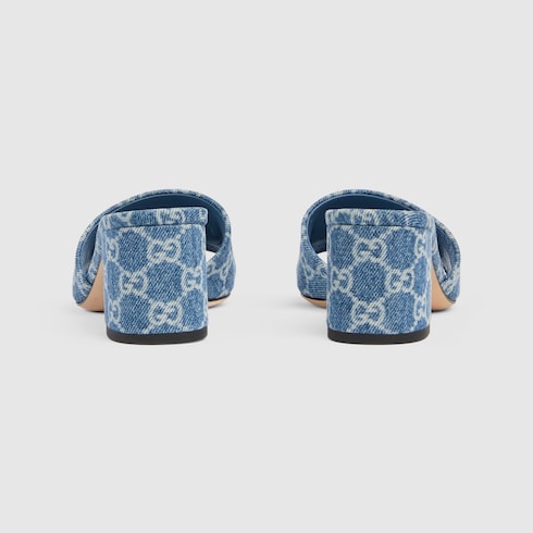Sandalo slider donna con tacco in denim GG blu
