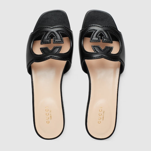 Sandalo slider donna con Incrocio GG in pelle nera