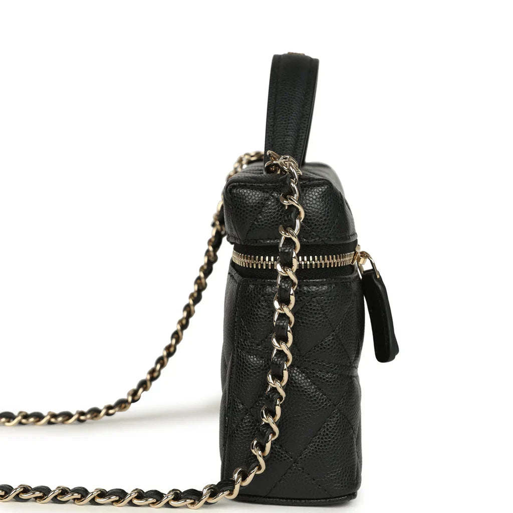 Vanity Case con Manico Superiore in Pelle di Agnello Trapuntata Nera