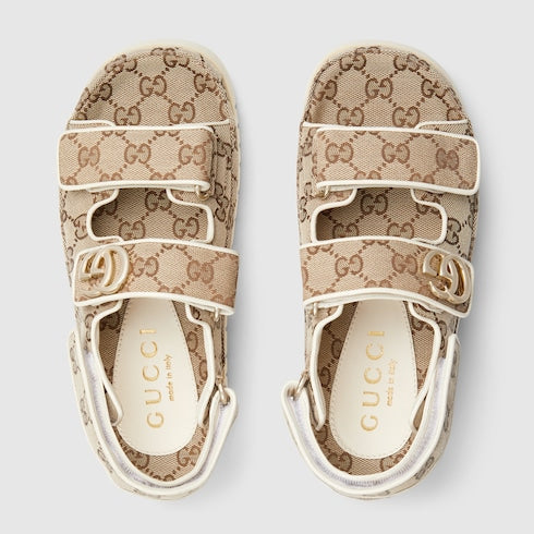 Sandalo donna con Doppia G in tessuto GG beige e marrone scuro