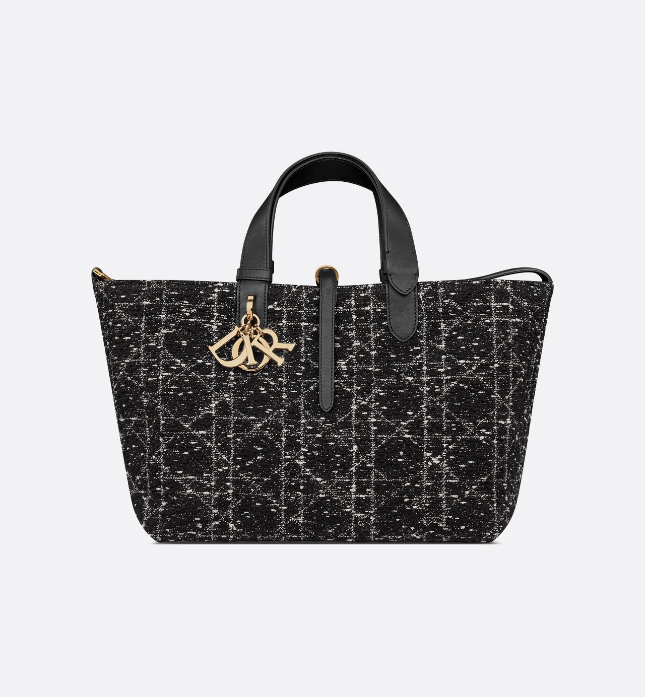 Borsa Media Toujours Tweed Nero con Motivo Cannage Bianco