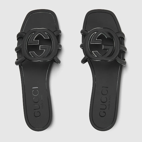 Sandalo slider donna con Incrocio GG con gomma nera