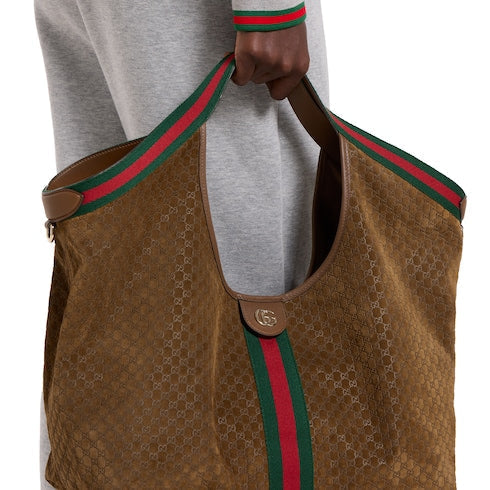 Borsa shopping GG Giglio misura piccola in pelle scamosciata marrone
