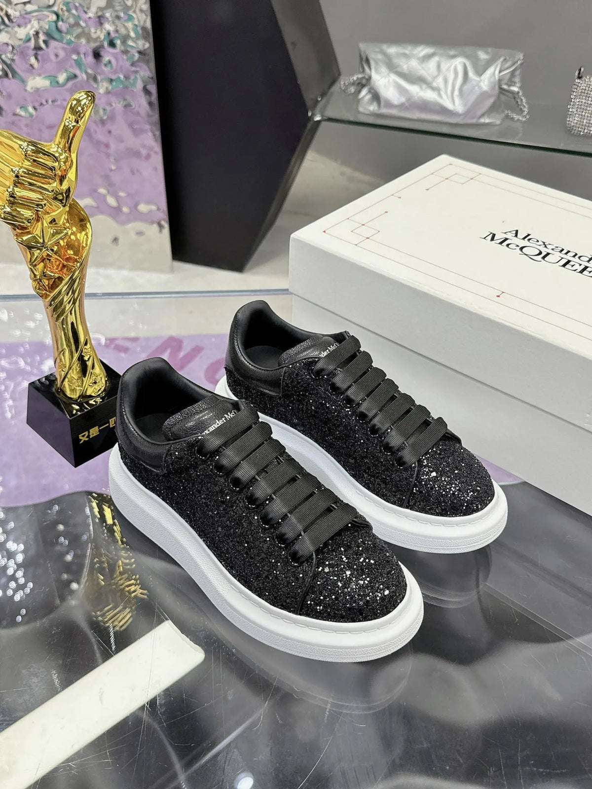 Alexander McQueen Black Glitter Oversized Sneakers
