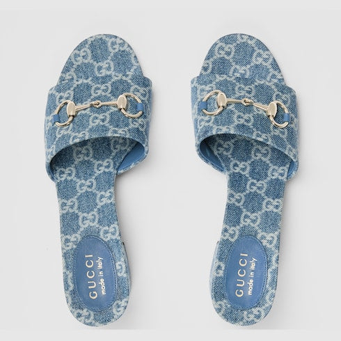 Sandalo slider donna con tacco in denim GG blu