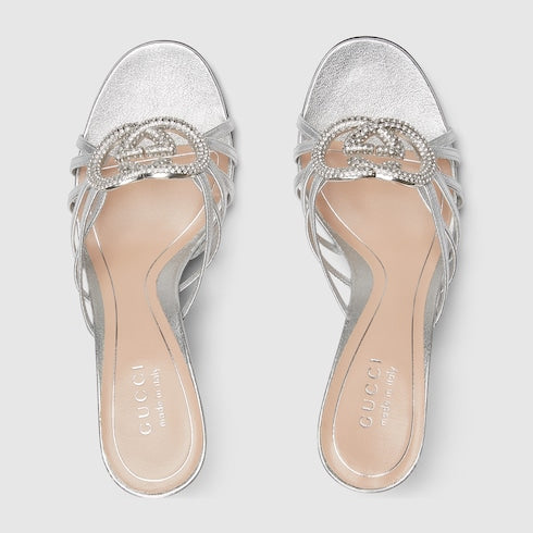 Sandalo con tacco slider donna Incrocio GG con cristalli in pelle argento