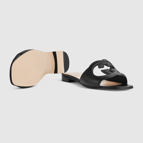 Sandalo slider donna con Incrocio GG in pelle nera