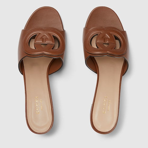 Sandalo slider donna con Incrocio GG in pelle marrone