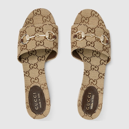 Sandalo slider donna con Morsetto in tessuto GG cammello e marrone