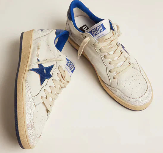 Nappa bianca con stella e talloncino in pelle laminata bluette