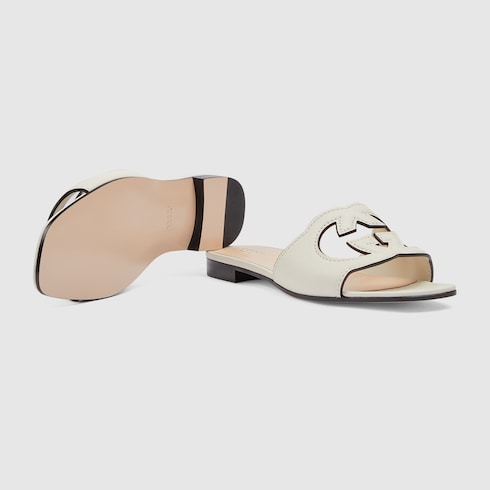 Sandalo slider donna con Incrocio GG in pelle bianca