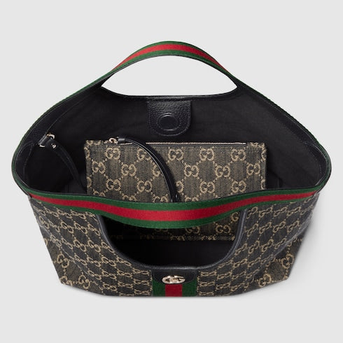 Borsa shopping GG Giglio misura piccola in denim GG nero e bianco