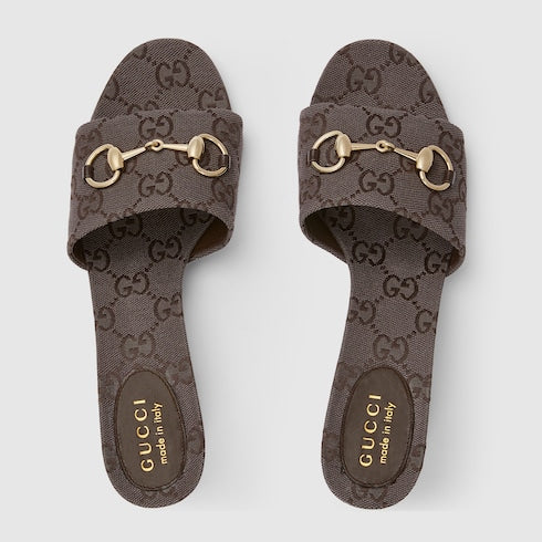 Sandalo slider donna con Morsetto in tessuto GG marrone scuro