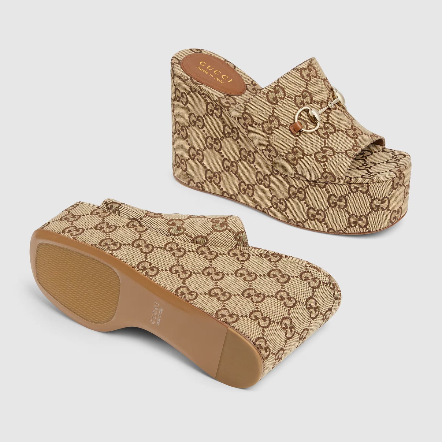 Sandalo con zeppa e Morsetto tessuto GG beige e marrone scuro