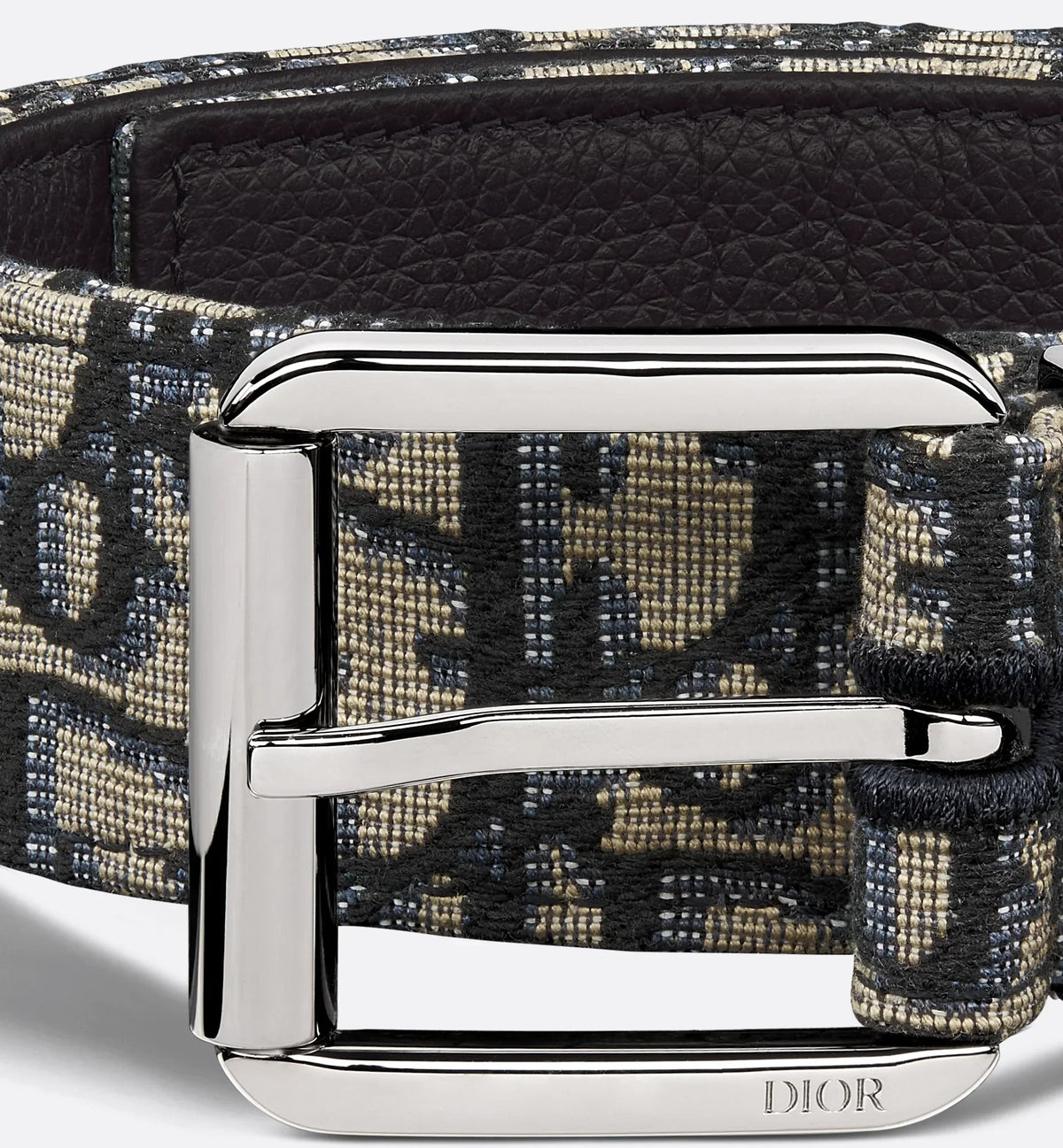 Cintura beige e nera Oblique jacquard con pelle di vitello martellata nera 35 mm uomo