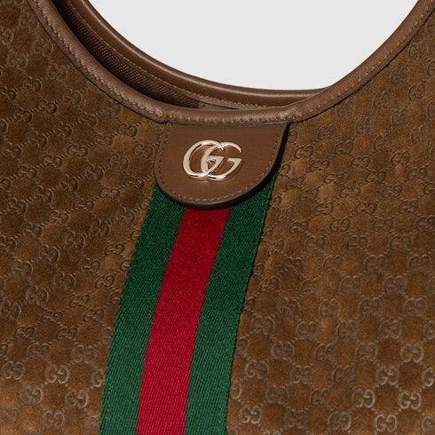 Borsa shopping GG Giglio misura grande in pelle scamosciata marrone