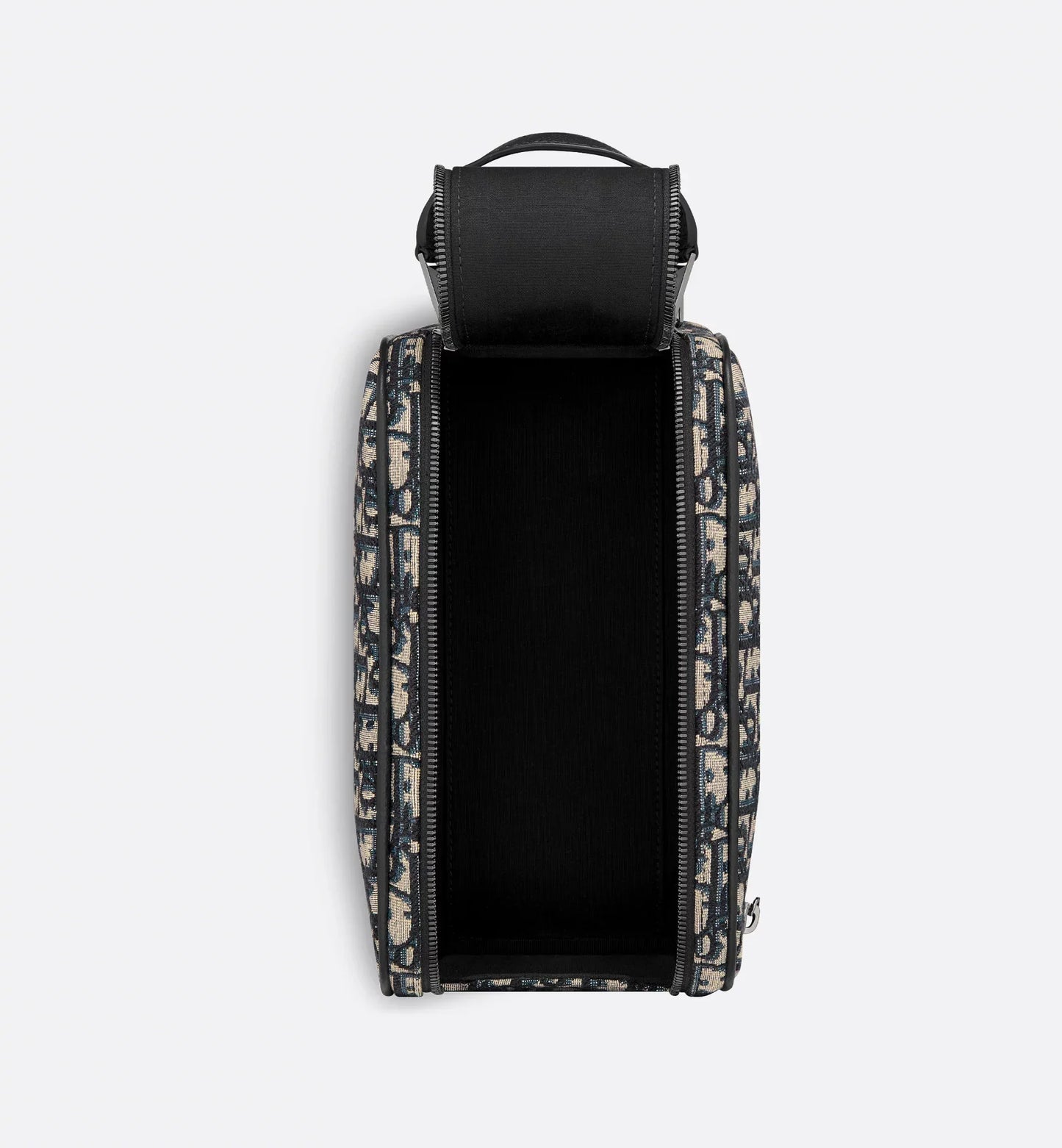 Borsa da toilette Beige e nero Jacquard Oblique con pelle di vitello martellata nera