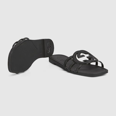 Sandalo slider donna con Incrocio GG con gomma nera