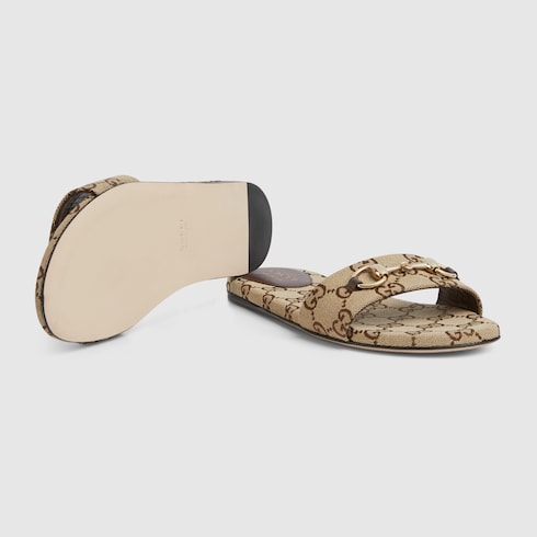 Sandalo slider donna con Morsetto in tessuto GG beige e marrone scuro