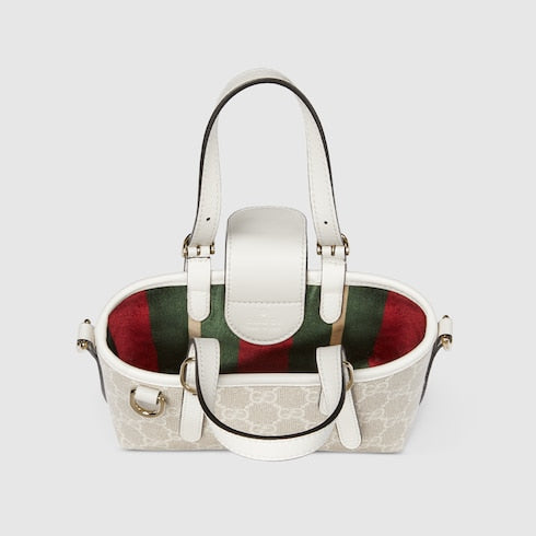 Mini borsa GG Emblem in tessuto beige e bianco