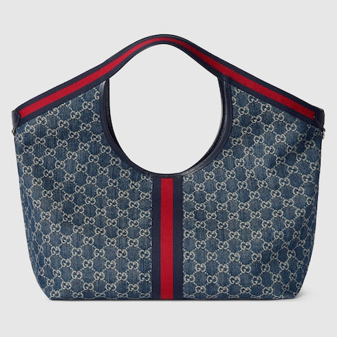 Borsa shopping GG Giglio misura grande in denim GG blu e bianco