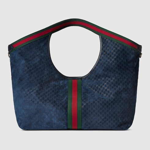 Borsa shopping GG Giglio misura grande in pelle scamosciata blu scuro