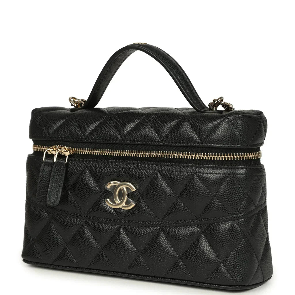 Vanity Case con Manico Superiore in Pelle di Agnello Trapuntata Nera