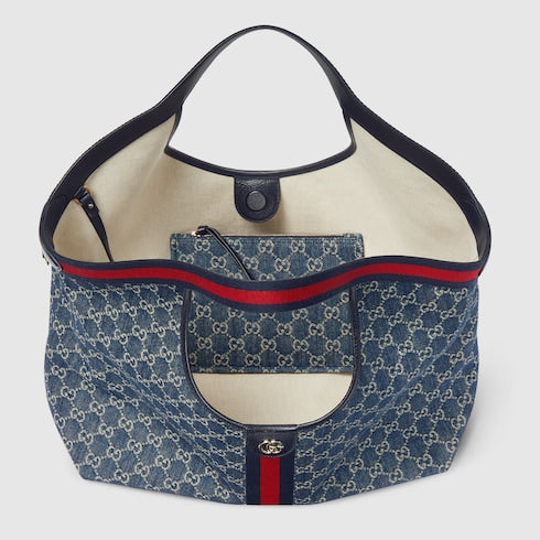 Borsa shopping GG Giglio misura grande in denim GG blu e bianco