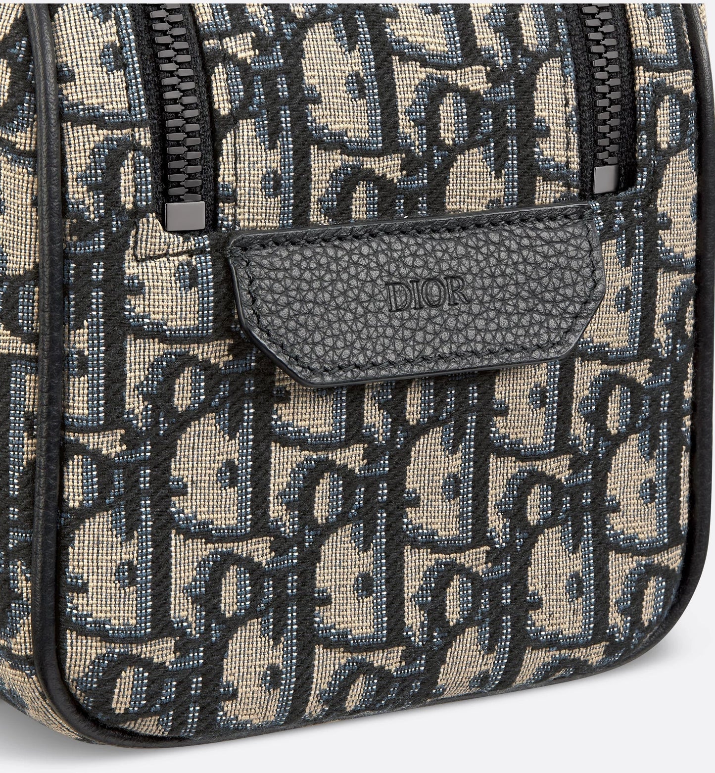 Borsa da toilette Beige e nero Jacquard Oblique con pelle di vitello martellata nera