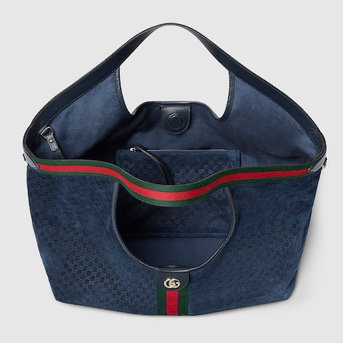 Borsa shopping GG Giglio misura grande in pelle scamosciata blu scuro