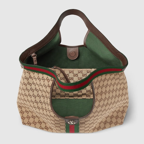 Borsa shopping GG Giglio misura piccola in tessuto GG beige e marrone